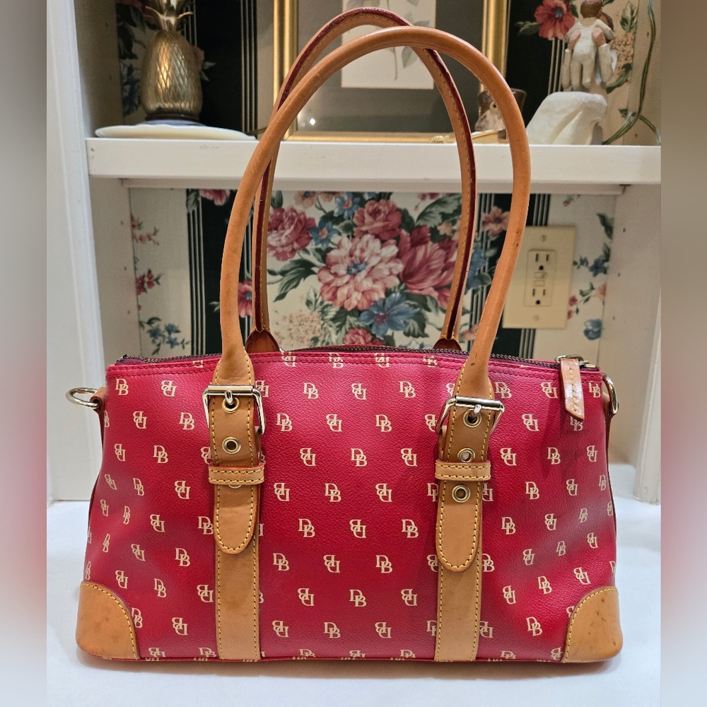 Dooney & Bourke Red and Tan leather trim DB Logo Satchel Purse Handbag Vintage